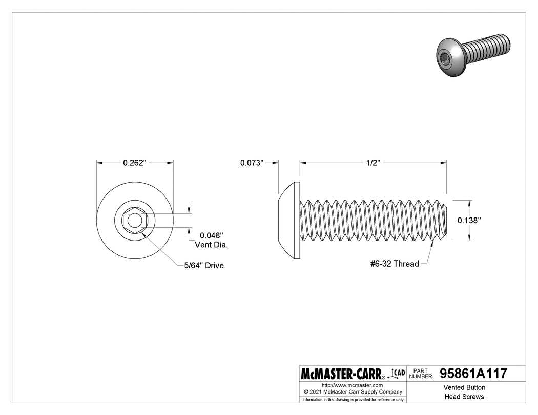 Technical Drawing of Vented Button Head Screws, 6-32 Thread, 1/2" Long.